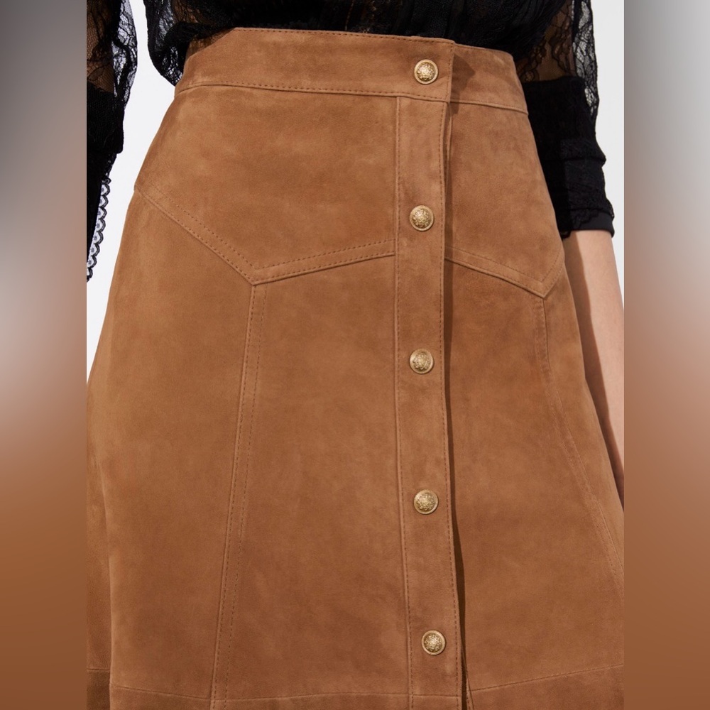 Alice + Olivia Calica Suede Camel Skirt Button-Front A-Line Lambskin - Picture 5 of 9